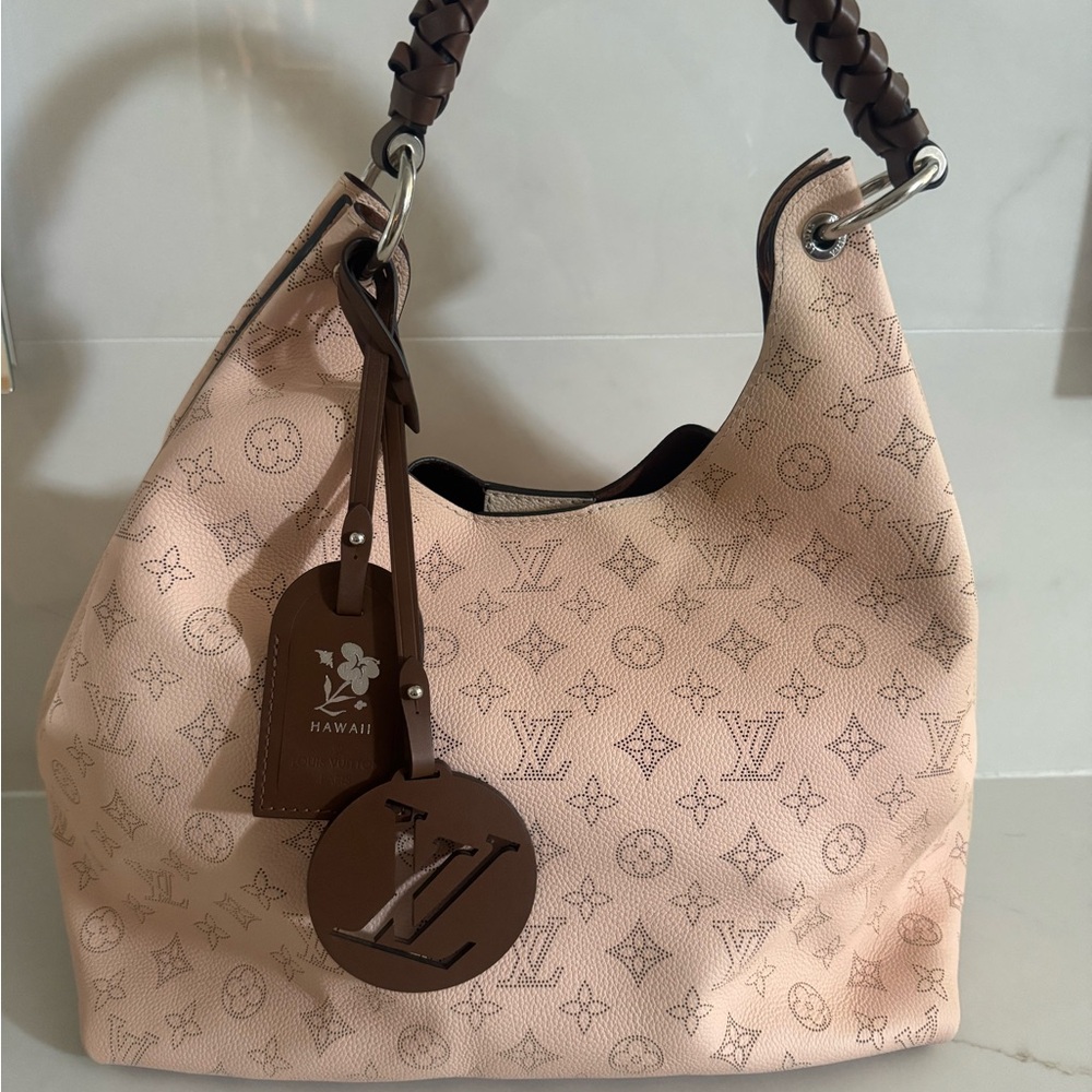 Authentic Louis Vuitton Pink and Brown Hobo Bag with Monogram Design